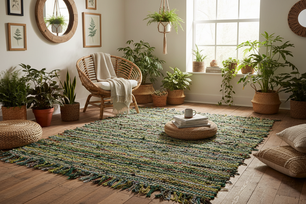 150 x 90cm Luxury Green Rag Rug - Lifestyle