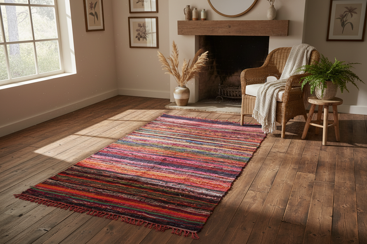 150 x 90cm Luxury Red Rag Rug - Lifestyle