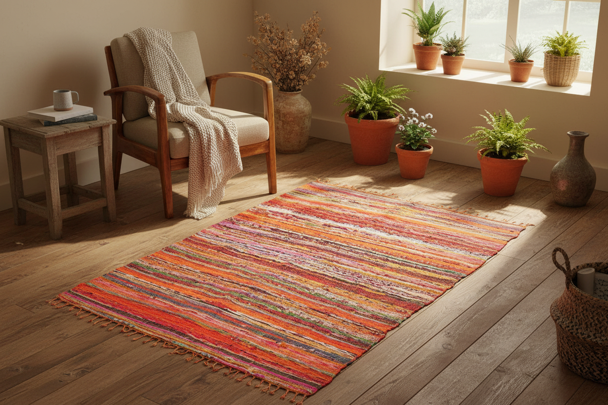 152 x 90cm Luxury Orange Rag Rug - Lifestyle