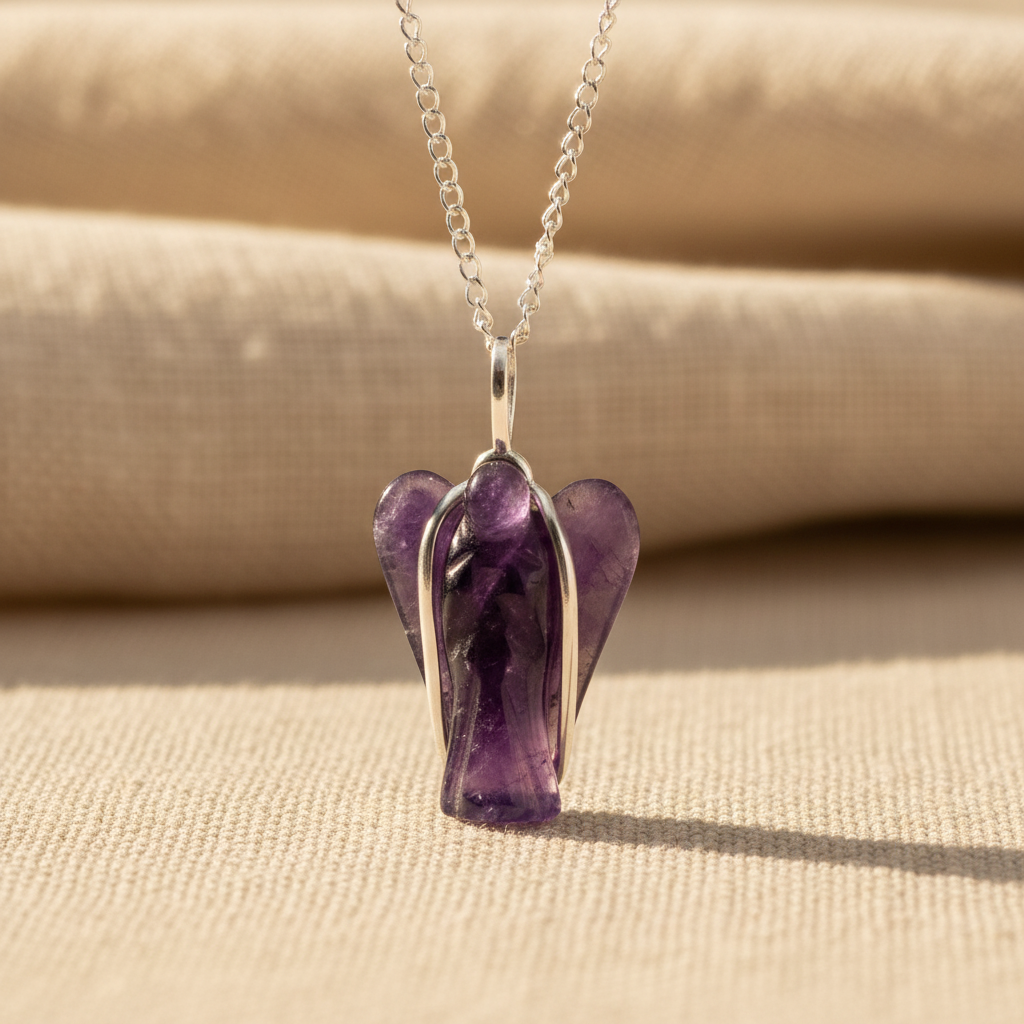 Amethyst Guardian Angel Pendant - linen background
