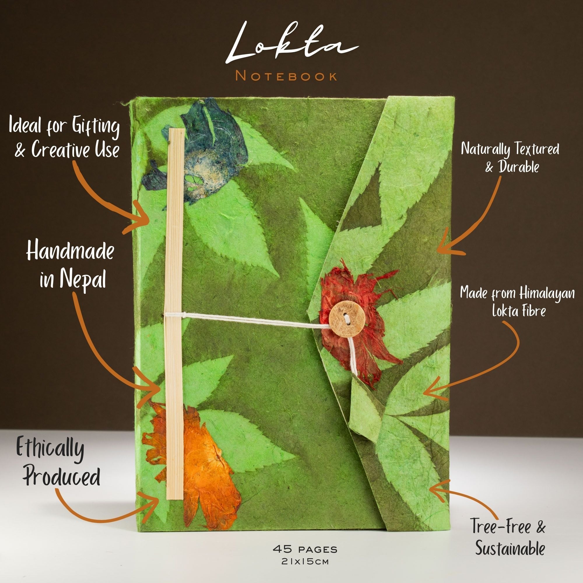 Lokta Bold Floral Journal – 45 Leaves – Includes Bookmark – Moss Green