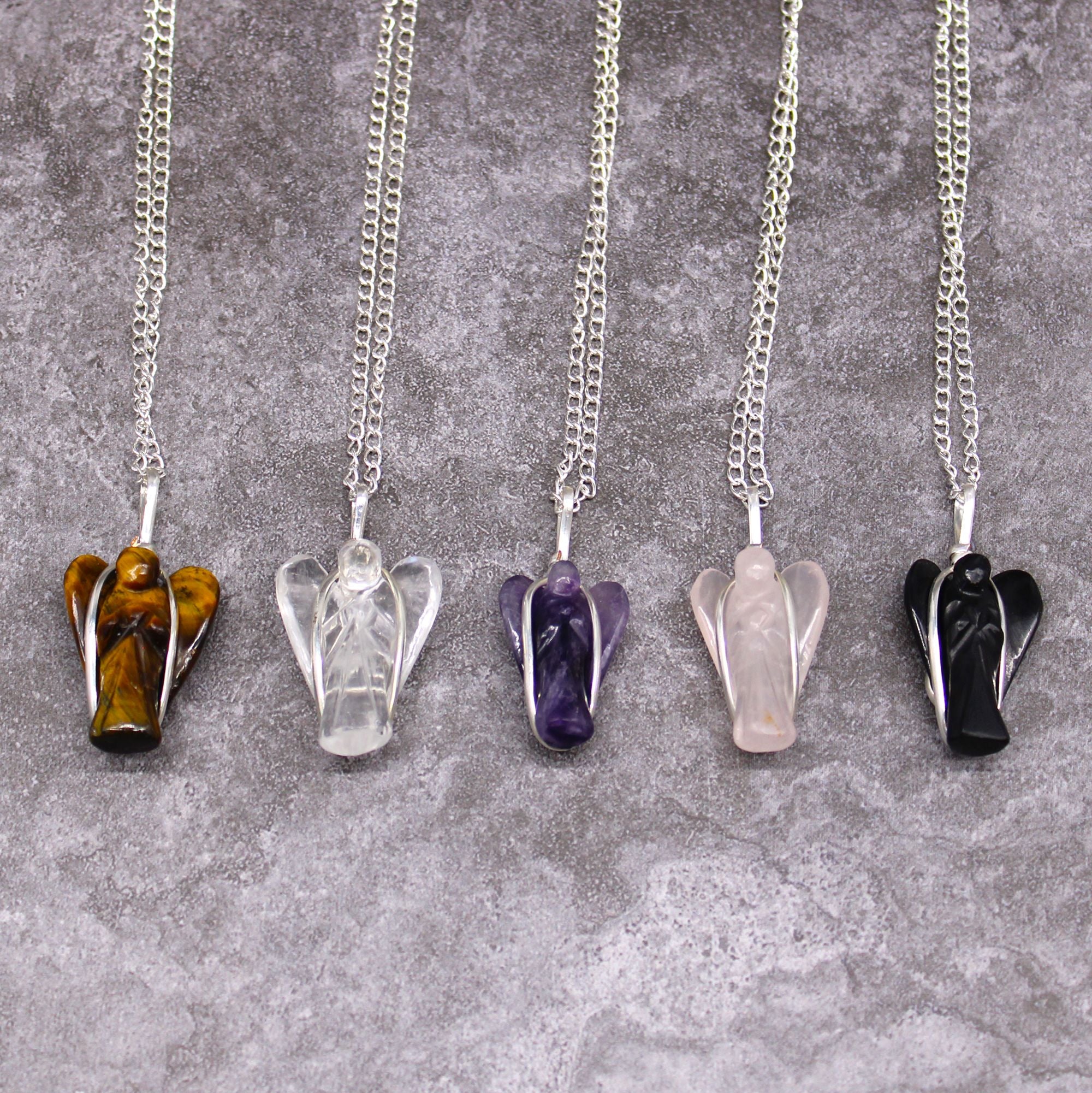 Gemstone Guardian Angel Pendant Necklace- Black Agate