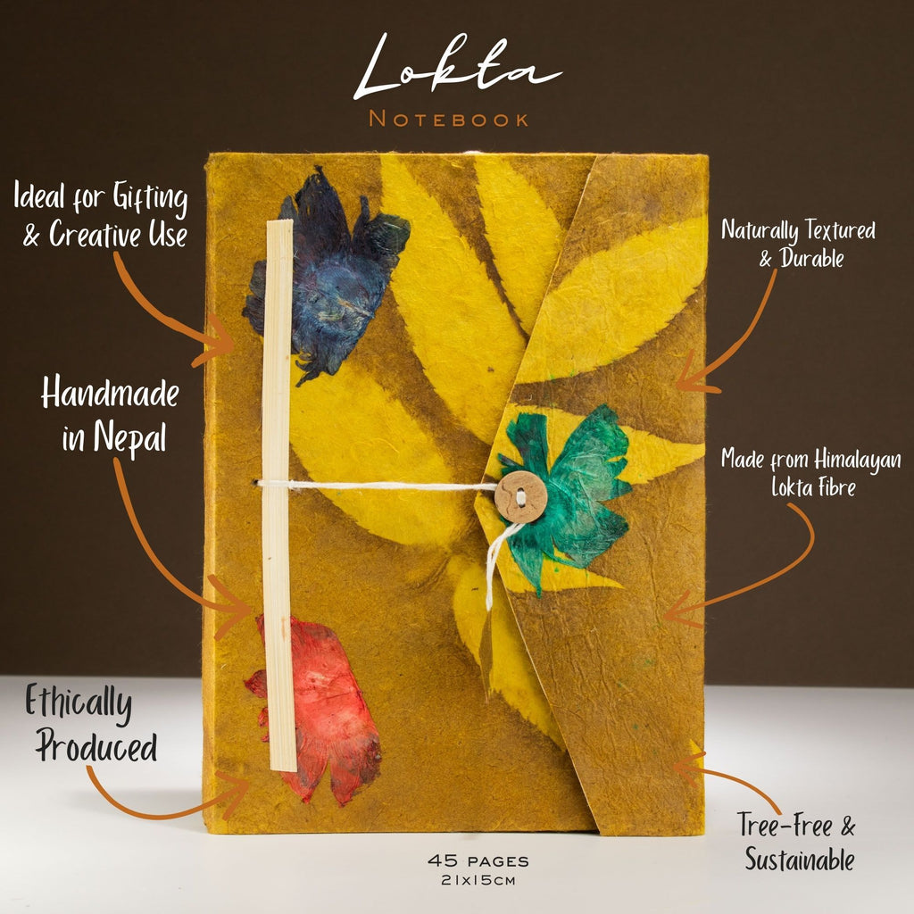 Lokta Bold Floral Notebook – 45 Leaves – Includes Bookmark – Mustard Brown