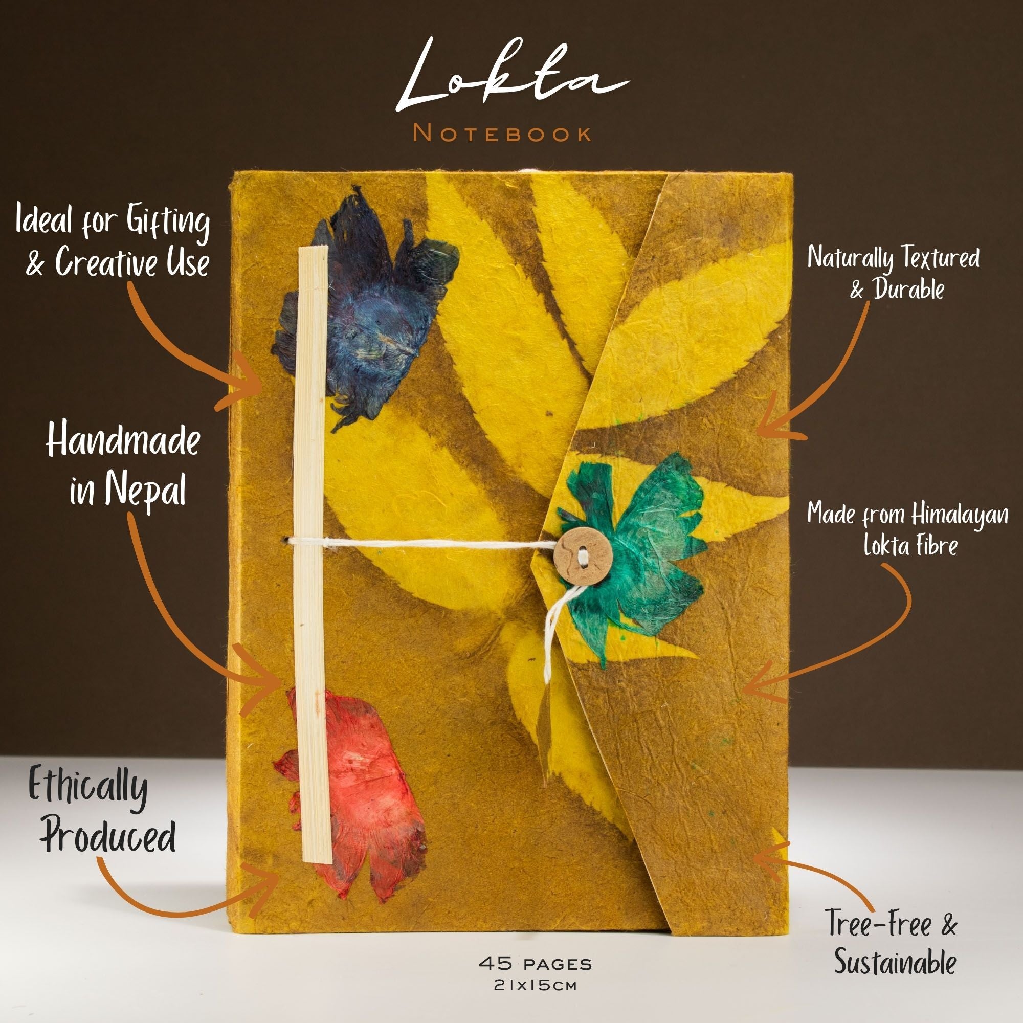 Lokta Bold Floral Notebook – 45 Leaves – Includes Bookmark – Mustard Brown