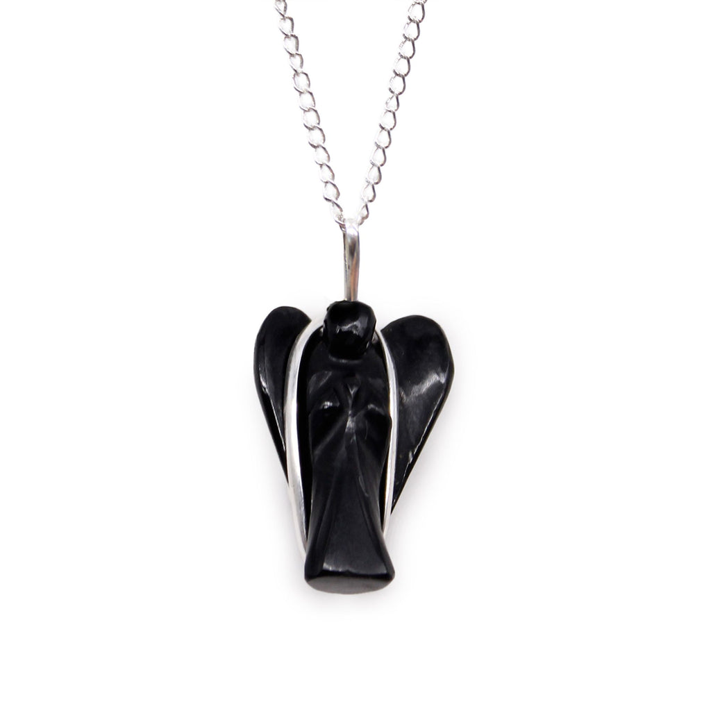 Gemstone Guardian Angel Pendant Necklace- Black Agate