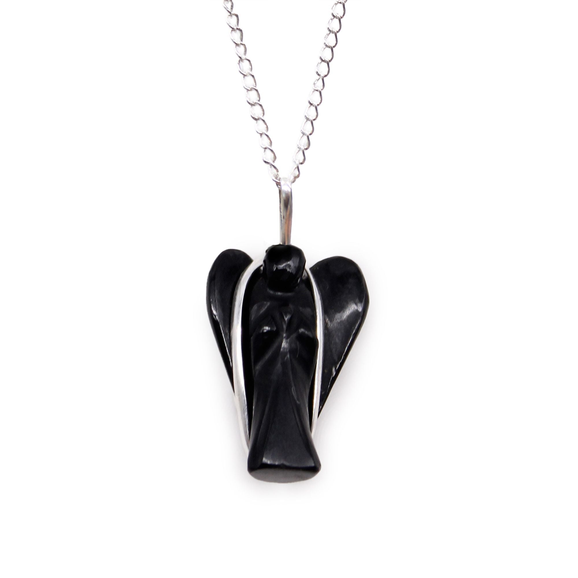 Gemstone Guardian Angel Pendant Necklace- Black Agate