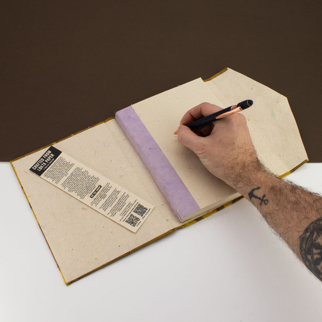 Lokta Bold Floral Notebook – 45 Leaves – Includes Bookmark – Mustard Brown