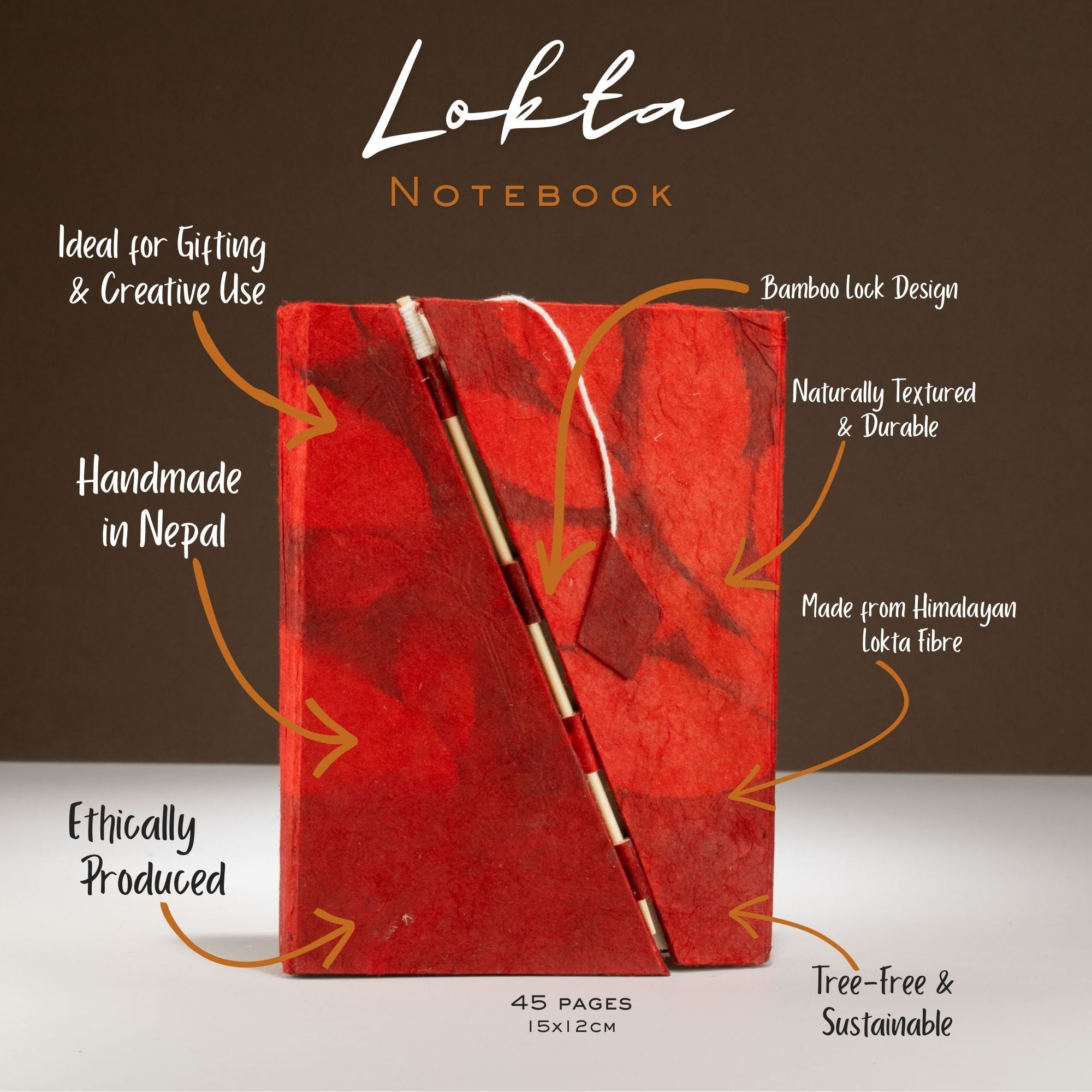 Lokta Bold Floral Bamboo Lock Journal  – 45 Leaves – Ruby