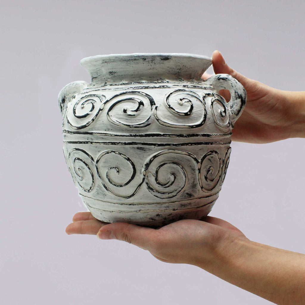 Handmade Greek Clay Plant Pot With Handles - Cream