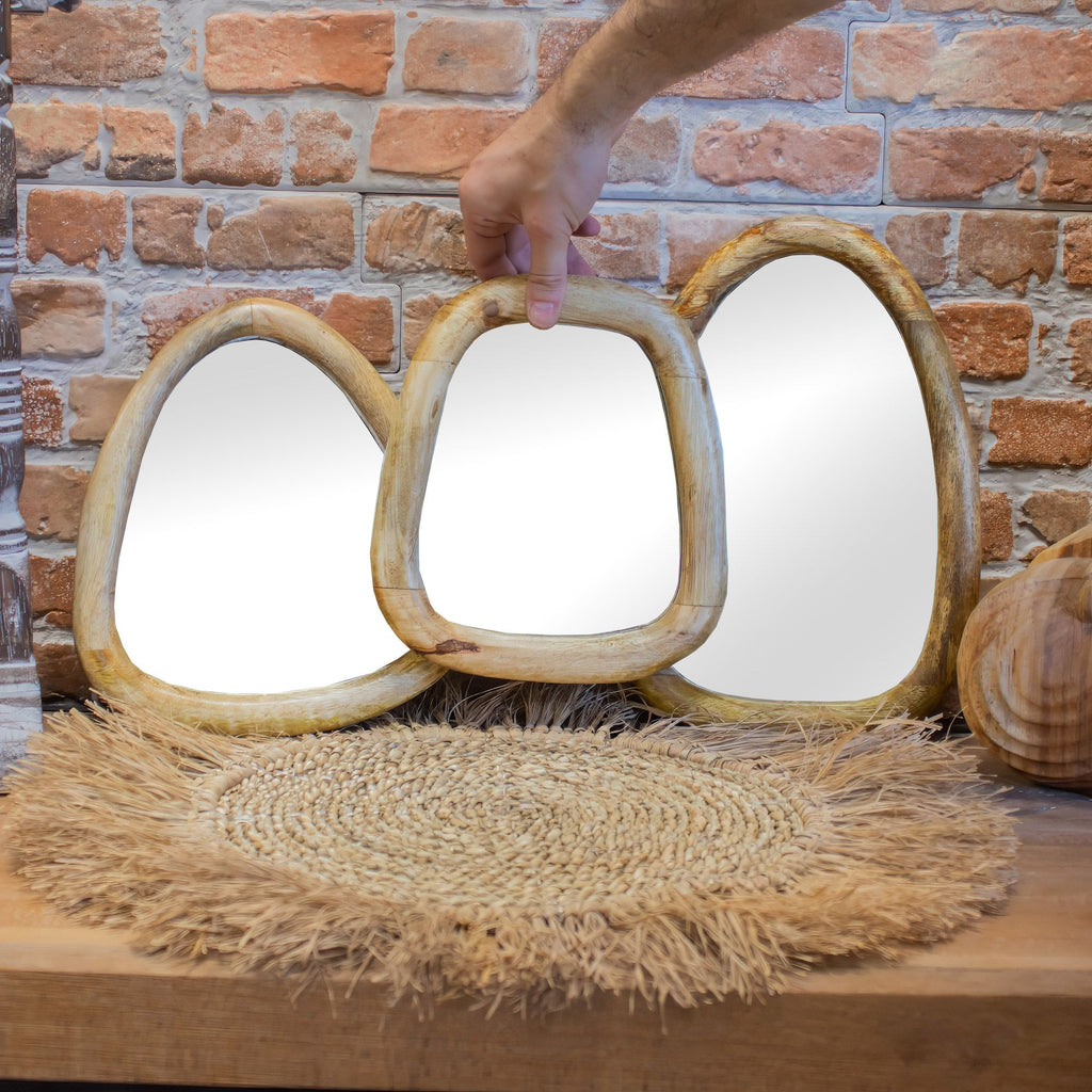Set of 3 Pebble Shaped Mirrors - Mango Wood - Light