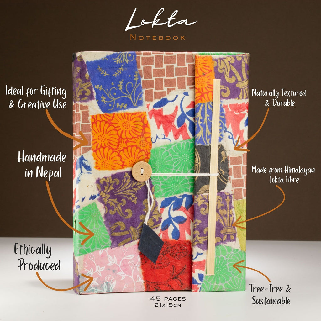 Lokta Patchwork Journal – 45 Leaves – Includes Bookmark – Multi Colour