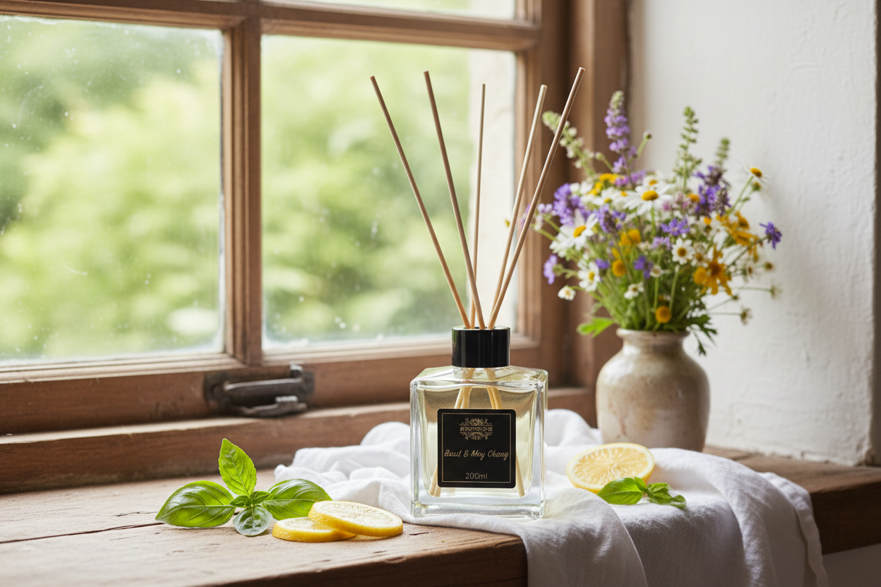 Basil & May Chang Reed Diffuser - Cosy Cottage Summer Spa