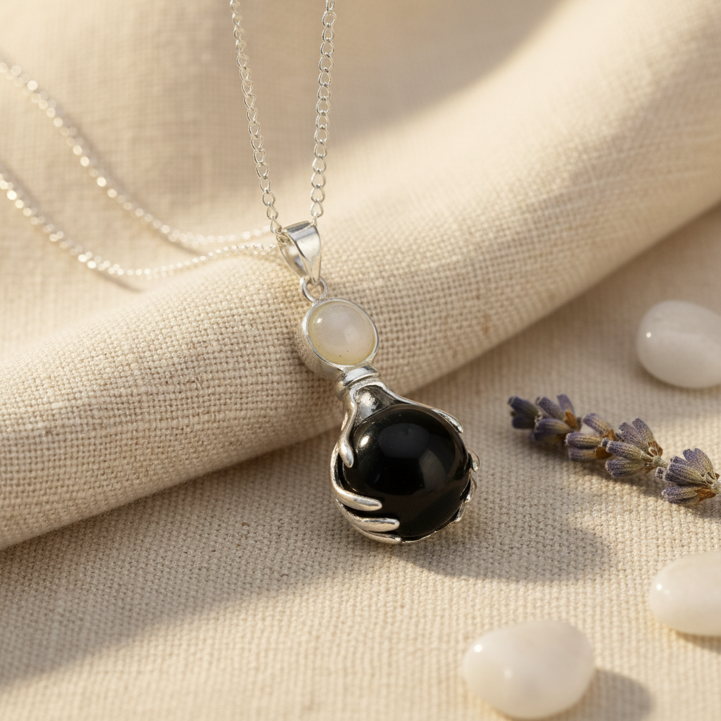 Black Agate Healing Hands Pendant - linen background