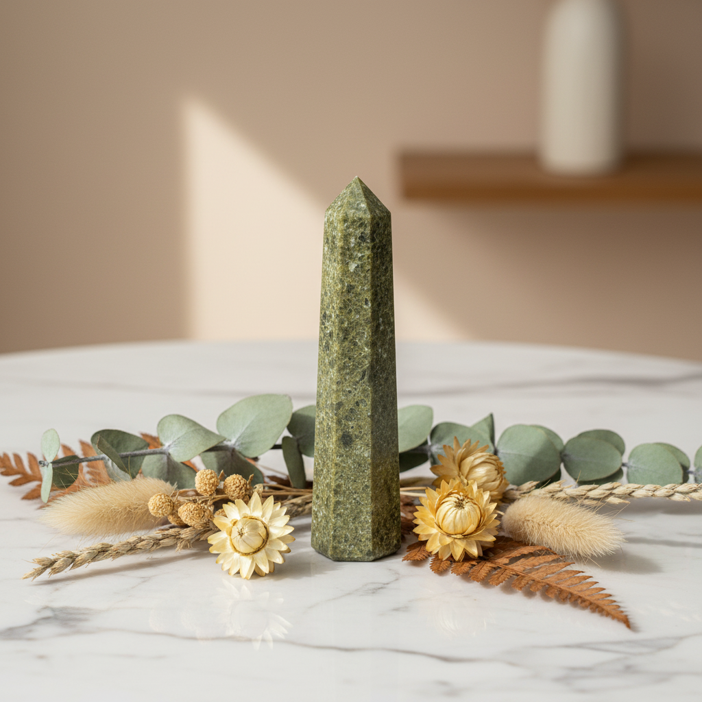Epidote on marble with botanicals