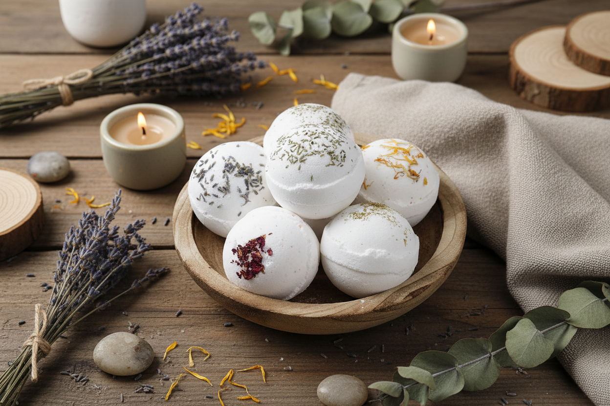Relax Himalayan Salt Bath Bomb in a rustic spa aromatherapy setting