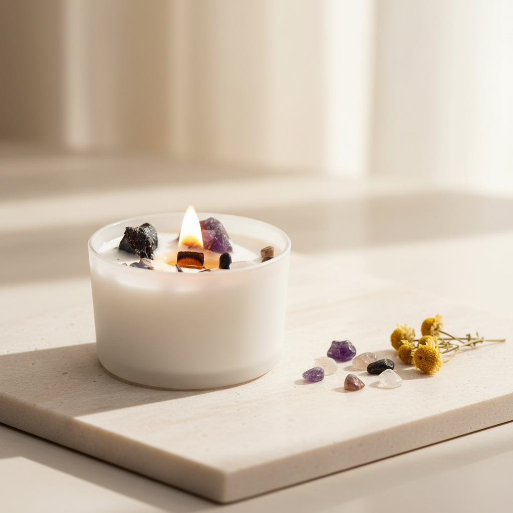 Solar Plexus Chakra crystal candle with amethyst and black agate crystals – natural soy wax candle by Dreamland Candles