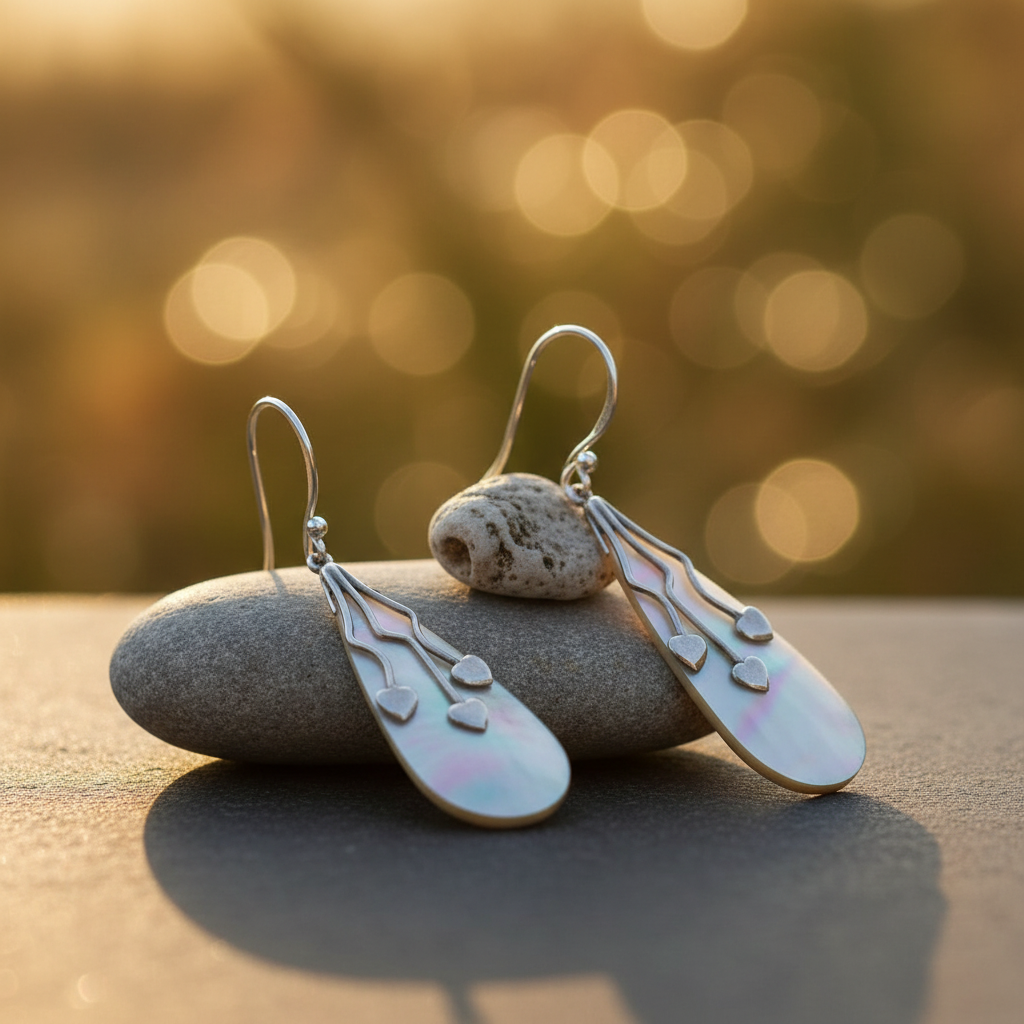 Shell & Silver Three Hearts Earrings - Lifestyle