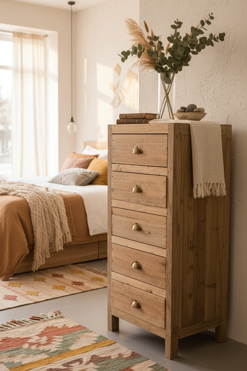 Tall Teak Chest of Drawers - Rustic