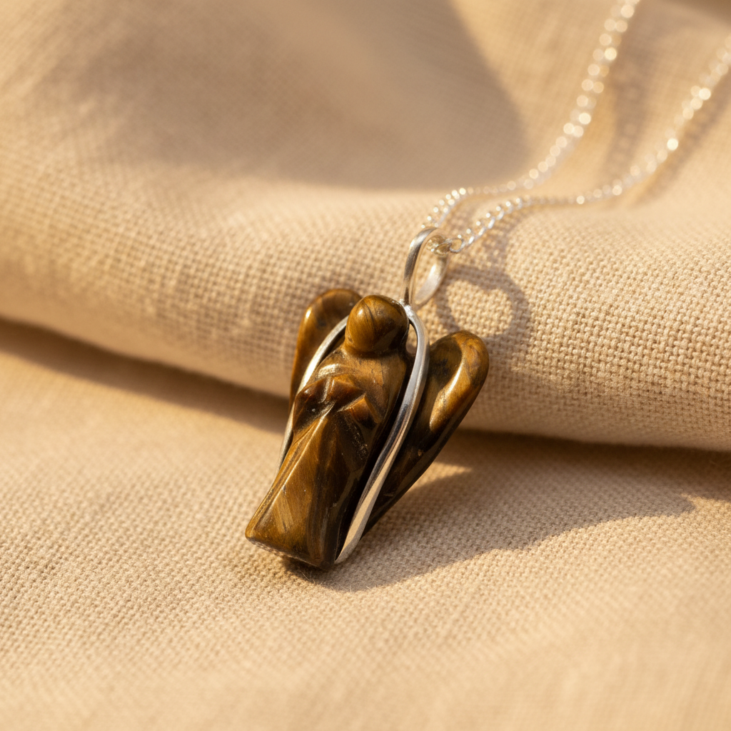 Tiger Eye Guardian Angel Pendant - linen background
