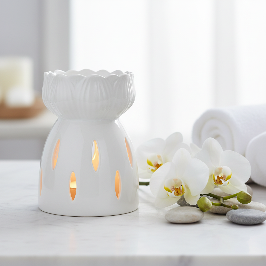 White Gloss Lotus Flower Oil Burner - Lifestyle